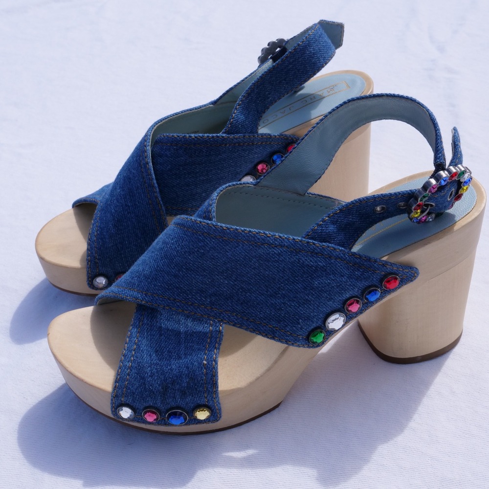 Modern does 70s Marc Jacobs Linda bejeweled criss cross denim platform clog - Picture 8 of 11